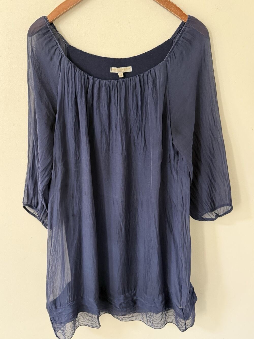 Prontomoda Giusy M 100% Silk Dress Sheath Peasant Navy Blue Minimalist Sheer